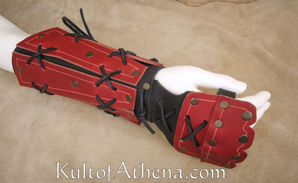 Samurai Leather Bracers - Red w/ Black Leather Ties