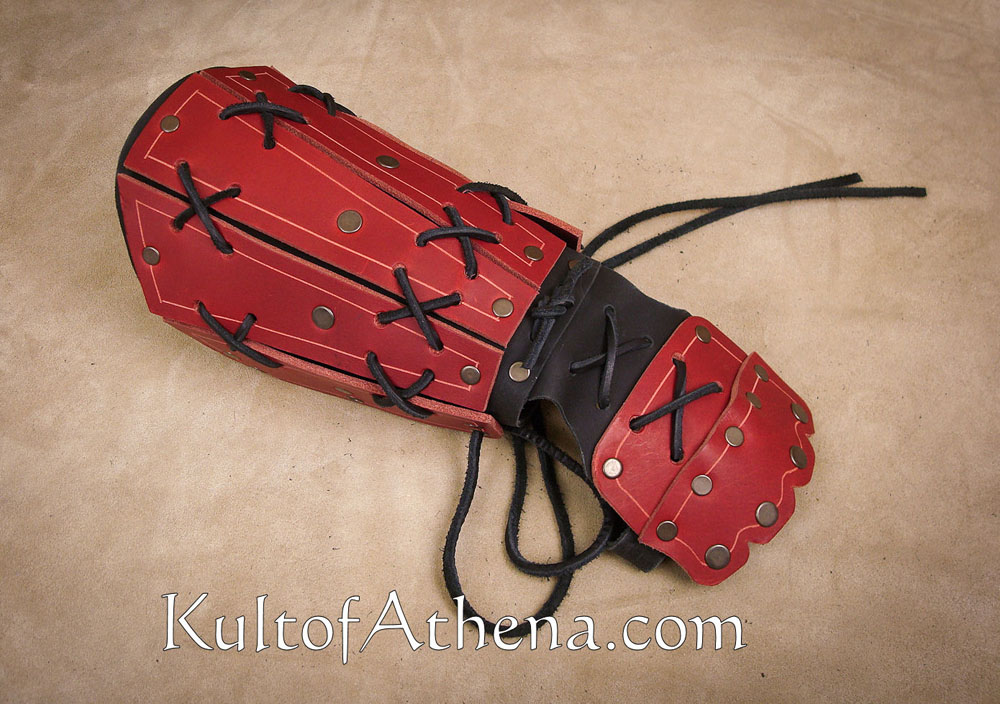 Samurai Leather Bracers - Red w/ Black Leather Ties