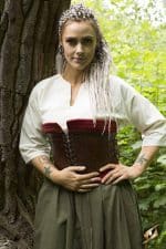 Margot Corset - Brown Leather and Dark Red Edging Fabric