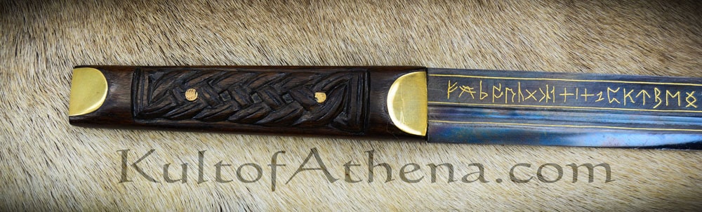 Deluxe Gold-Inlay Seax of Beagnoth with Wooden Wall Mount and Leather Scabbard