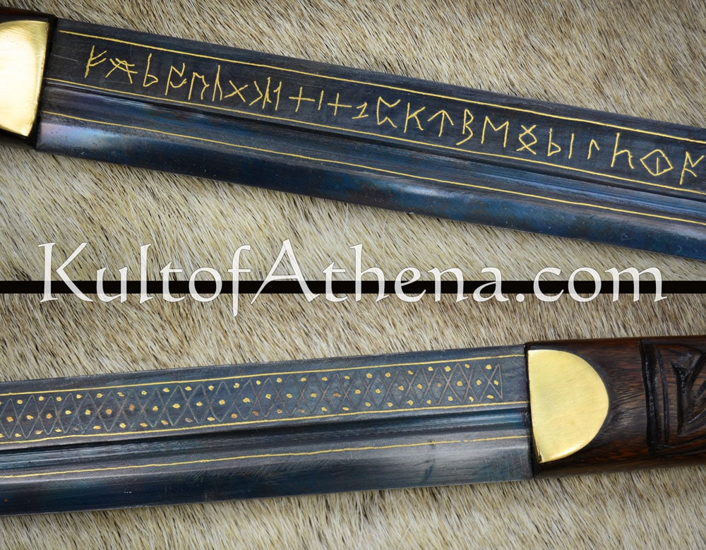 Deluxe Gold-Inlay Seax of Beagnoth with Wooden Wall Mount and Leather Scabbard