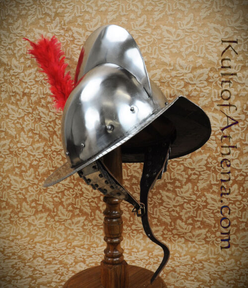 Combed Morion Helm with Red Plume - 16 Gauge Steel