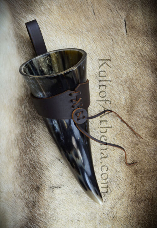 Medium Drinking Horn with Dark Brown Leather Belt Frog