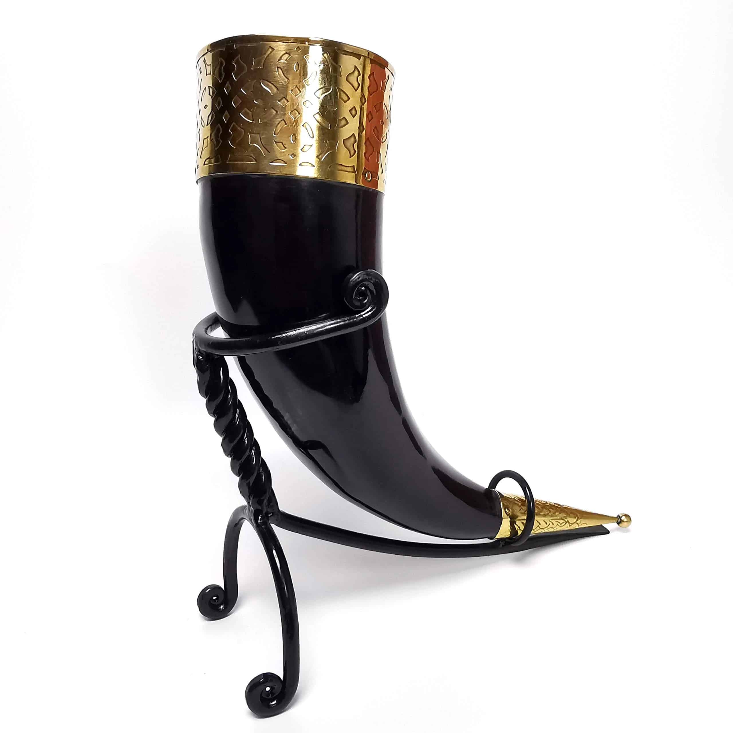 Brass Rim Drinking Horn with Horn Stand