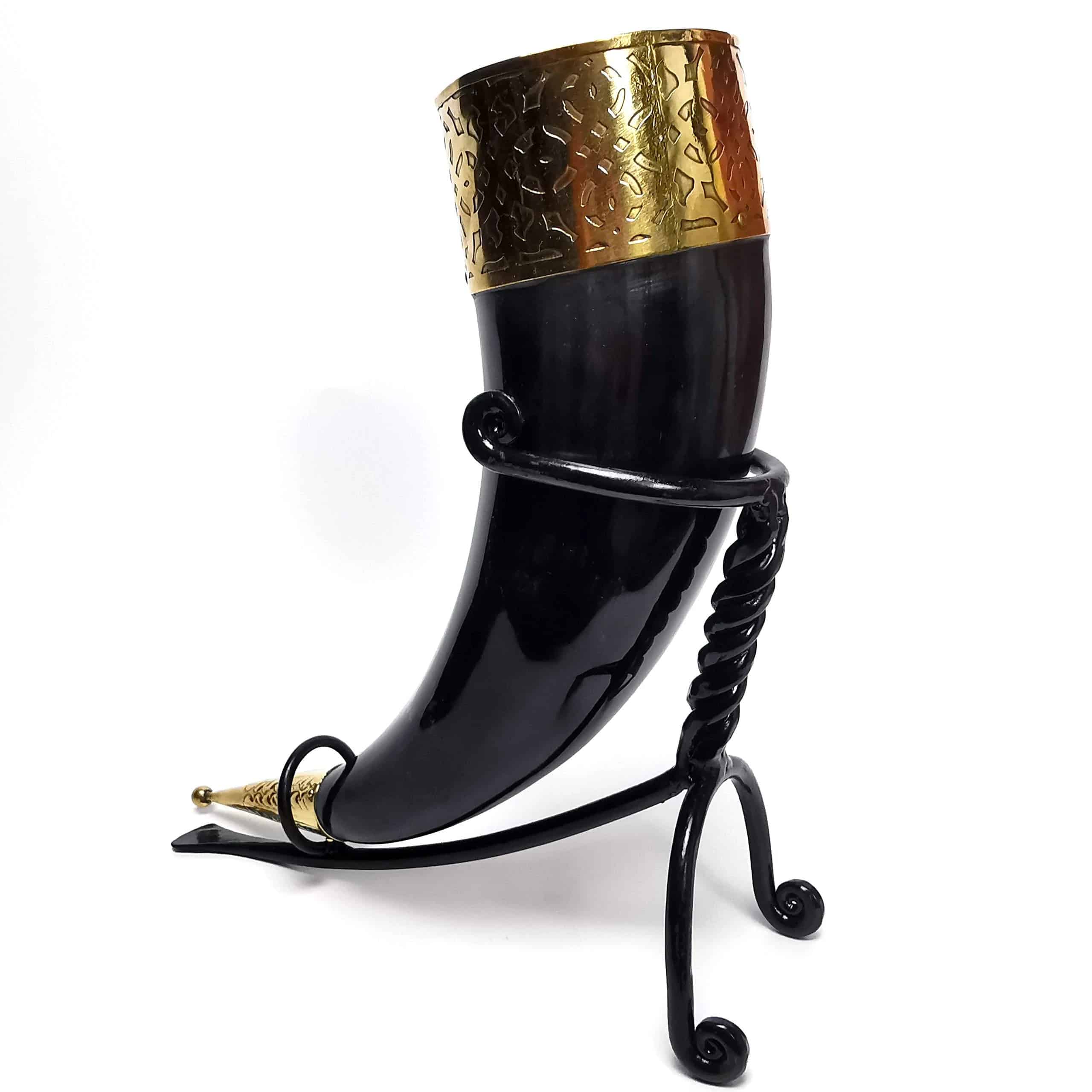 Brass Rim Drinking Horn with Horn Stand