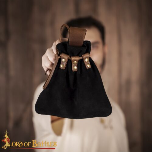 Medieval Drawstring Belt Pouch - Handcrafted Genuine Suede Leather - Black