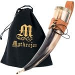 Mythrojan Viking Drinking Horn with Brass Fitting Holder Authentic Medieval Inspired Viking Wine/Mead Mug - Polished Finish with Leather Holder