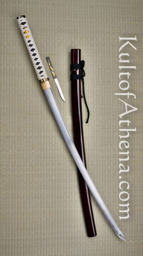 Musha Zetsurin Katana with Hidden Kozuka Blade - Dark Red Saya Scabbard