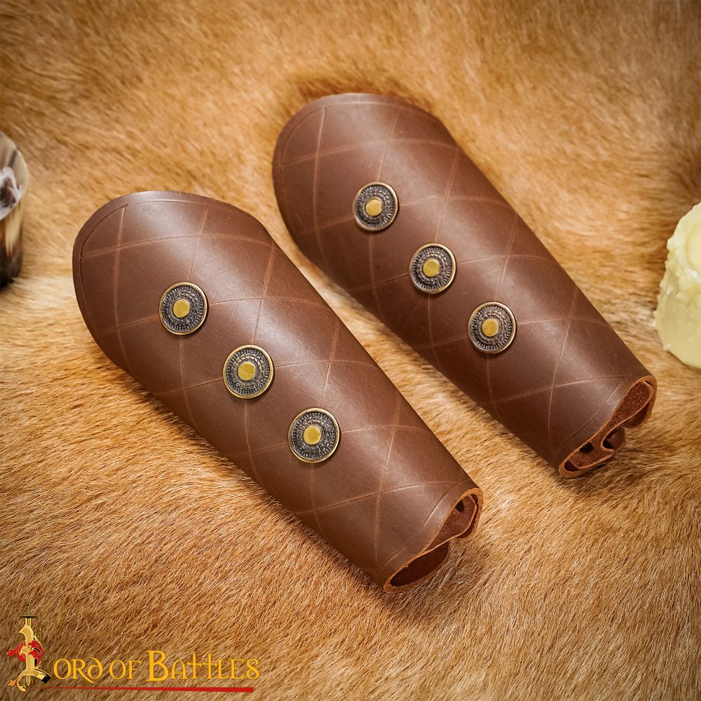 Leather Bracers with Antiqued Brass Medallions Set - Brown - Lord of Battles
