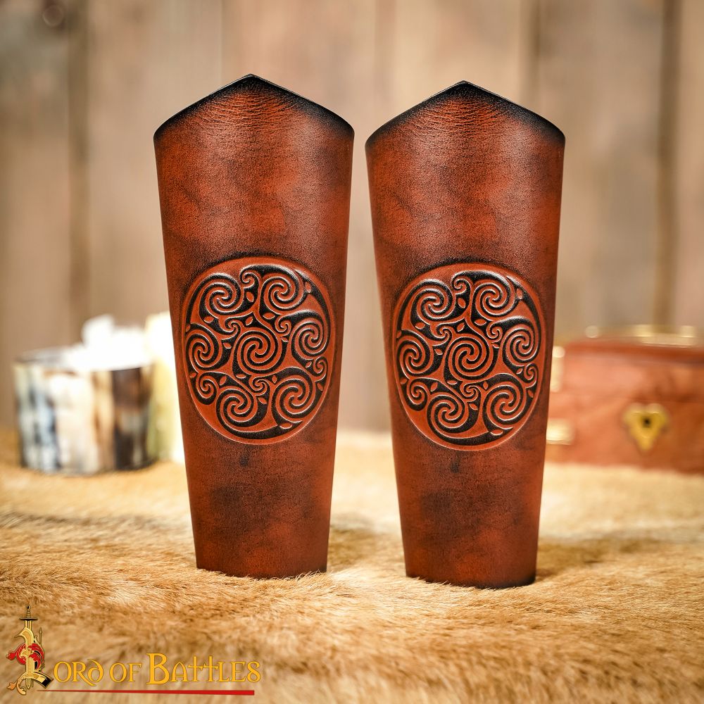 Celtic Spiral Embossed Leather Bracers - Brown - Lord of Battles
