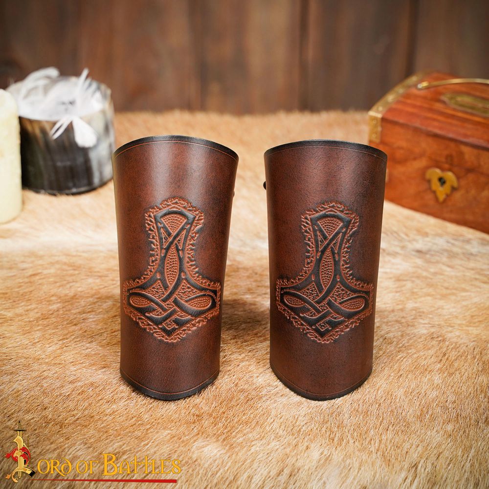 Norse Thor's Hammer Mjolnir Leather Bracers Set - Brown - Lord of
