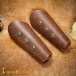 Leather Bracers with Antiqued Brass Medallions Set – Brown – Lord of Battles