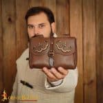 Late Medieval Leather Belt Pouch with Brass Moon Medallions – Brown – Lord of Battles