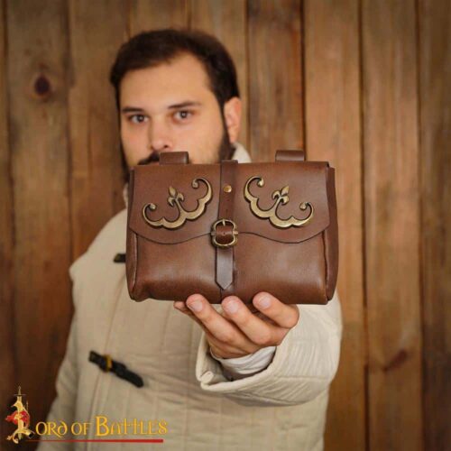 Late Medieval Leather Belt Pouch with Brass Moon Medallions – Brown – Lord of Battles