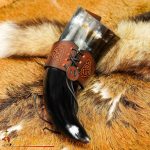Brown Leather Drinking Horn Holder with Embossed Design – Smaller Version – Lord of Battles
