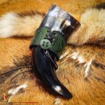 Green Leather Drinking Horn Holder with Embossed Design – Smaller Version – Lord of Battles