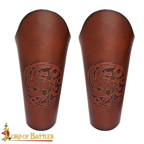 Embossed Three Headed Dragon Leather Bracers Set – Brown – Lord of Battles
