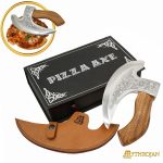 "Mythrojan Pizza Axe with etching & brown Scabbard"
