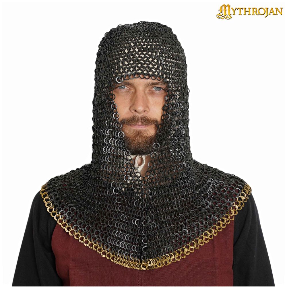 Mythrojan Chainmail Coif - Flat Ring Round Rivet with Brass Edges
