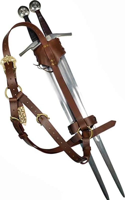 Mythrojan Geralt Twin Sword Back Scabbard - Ideal for LARP Cosplay and Medieval events - Full Grain Leather - Brown