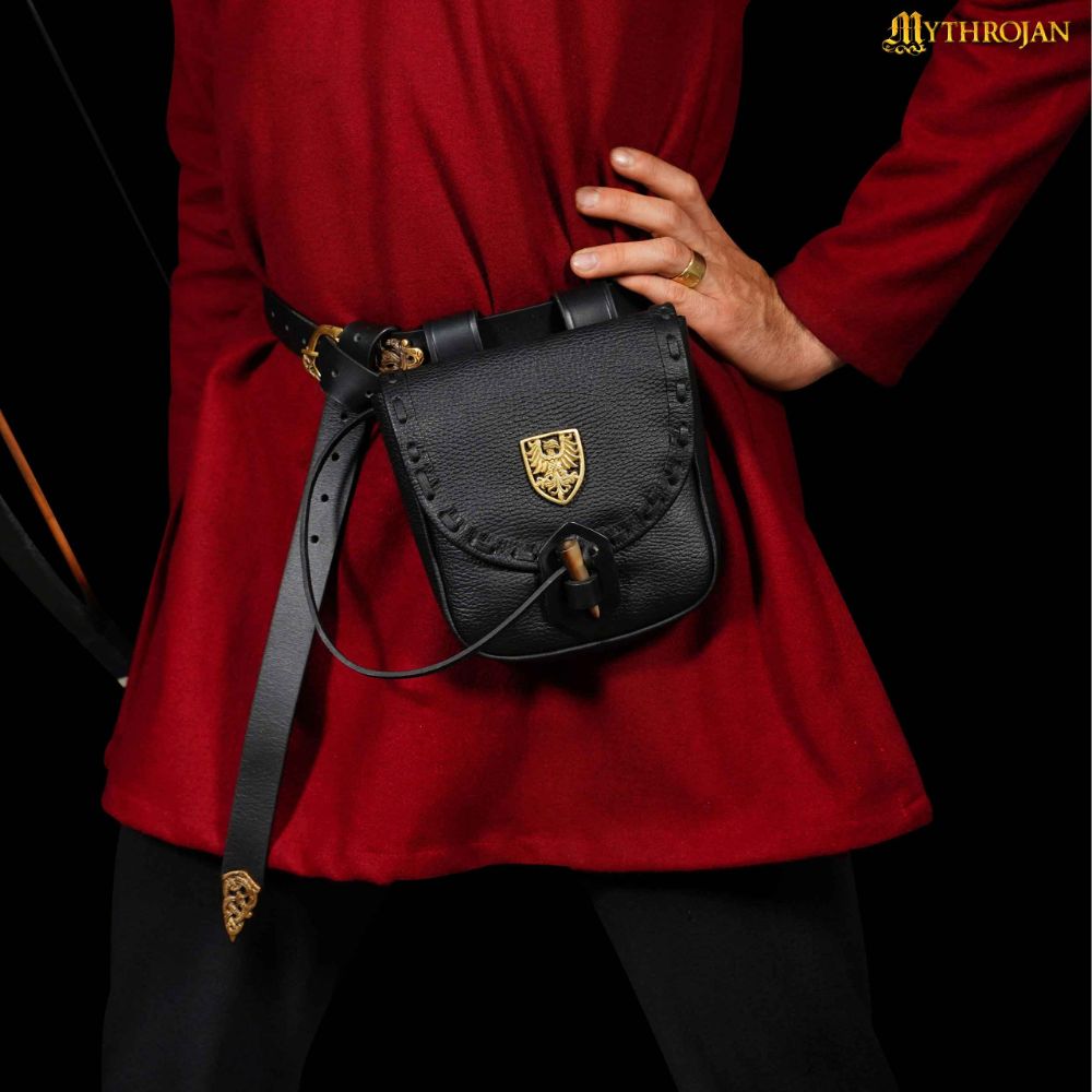 Medieval Leather Pouch Accessory Renaissance Bag with Brass Raven